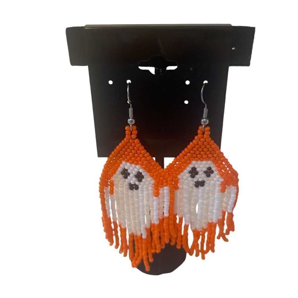 Adorable Seed Bead Ghost Drop Earrings in Orange & White.